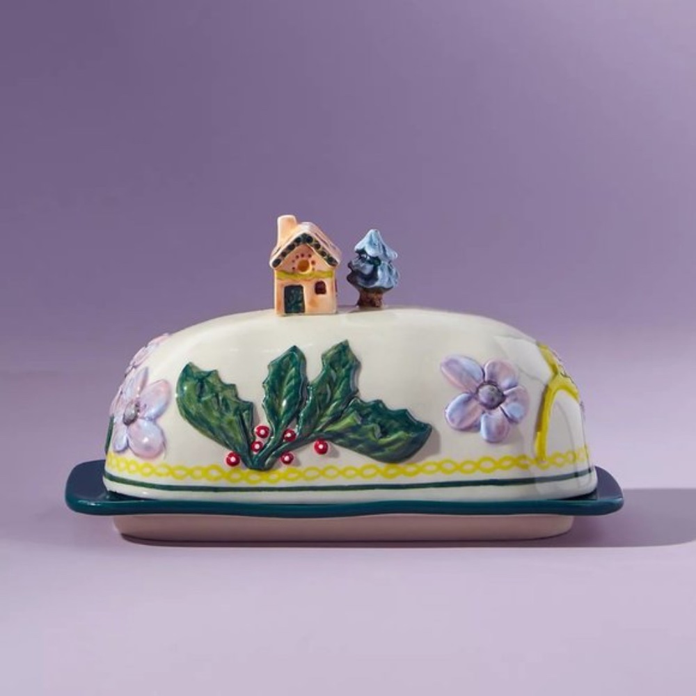 COPY - Anthropologie Nathalie Lete Cottage Butter Dish Flower and Holly Whimsic…